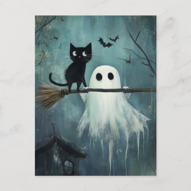 Carte Postale Chat d'Halloween et fantôme volent dans la chambre (Devant)