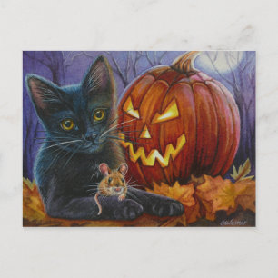Carte Postale Chat d'Halloween et souris n° 2 Aquarelle Art