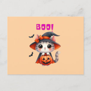 Carte Postale Chat d'Halloween mignon avec citrouille et chapeau