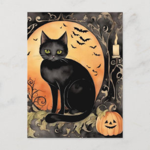 Carte Postale Chat d'Halloween noir Aquarelle