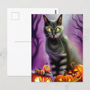 Carte Postale Chat d'Halloween noir et Citrouilles sculptés