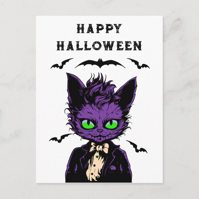 Carte Postale Chat d'Halloween violet (Devant)