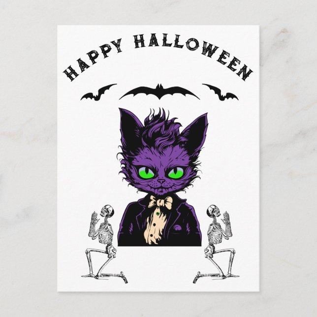 Carte Postale Chat d'Halloween violet avec chauves-souris et squ (Devant)