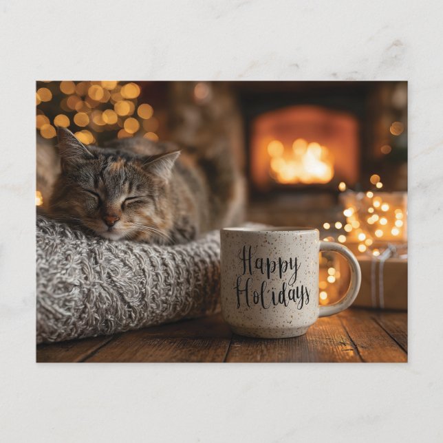 Carte Postale Chat dormant à côté d'une tasse "Joyeuses Fêtes" (Devant)