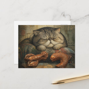 Carte Postale Chat dormant avec homard et poisson