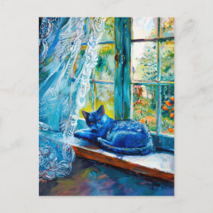 Carte Postale Chat dormant sur un rebord de fenêtre