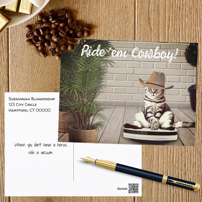 Carte Postale Chat drôle avec Cowboy Casquette équitation Vacuum (Créateur téléchargé)