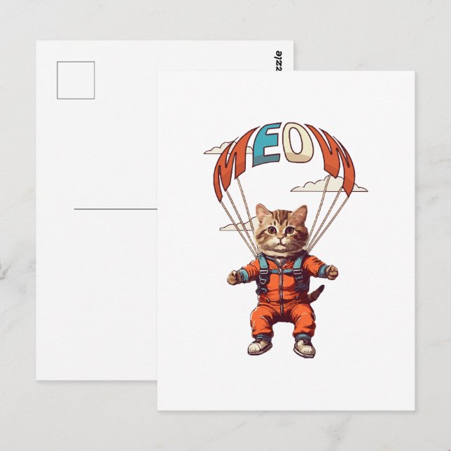 Carte Postale Chat drôle de parachutisme (Devant / Derrière)
