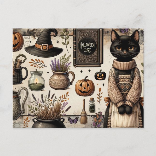 Carte Postale Chat effrayant Halloween Core Junk Journaling (Devant)