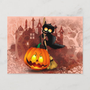Carte Postale Chat effrayé par Citrouille Fun Halloween caractèr