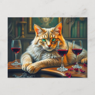 Carte Postale Chat élégant avec lunettes de vin rouge