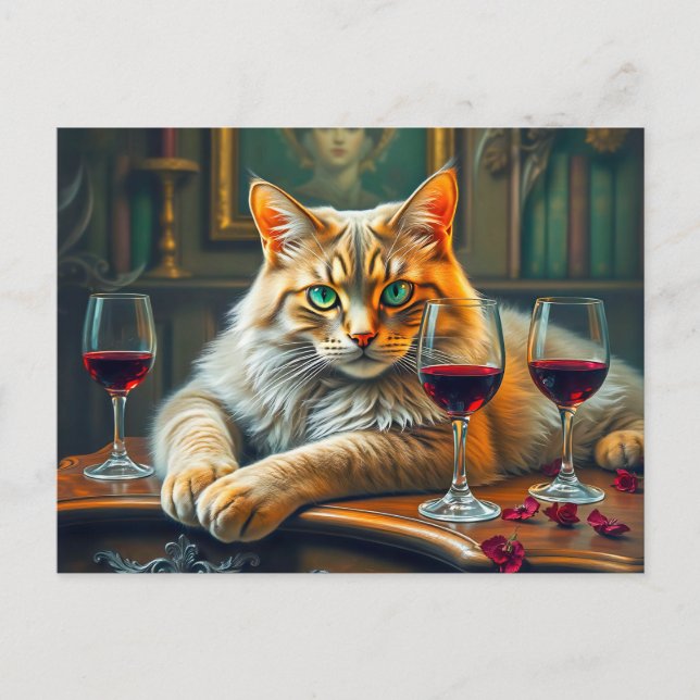 Carte Postale Chat élégant avec lunettes de vin rouge (Devant)