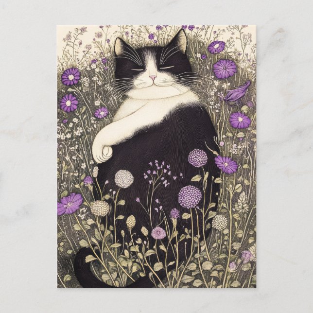 Carte Postale Chat en fleurs (Devant)
