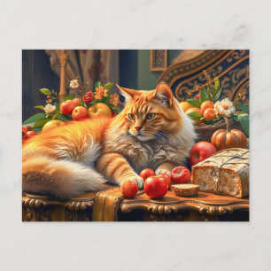 Carte Postale Chat en Fruit et arrangement de Fleur