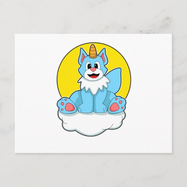 Carte Postale Chat en licorne sur des nuages et soleil (Devant)