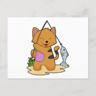 Carte Postale Chat en pêcheur avec canne à pêche et poisson