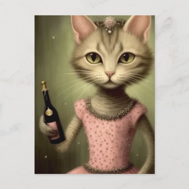 Carte Postale Chat en robe rose (Devant)