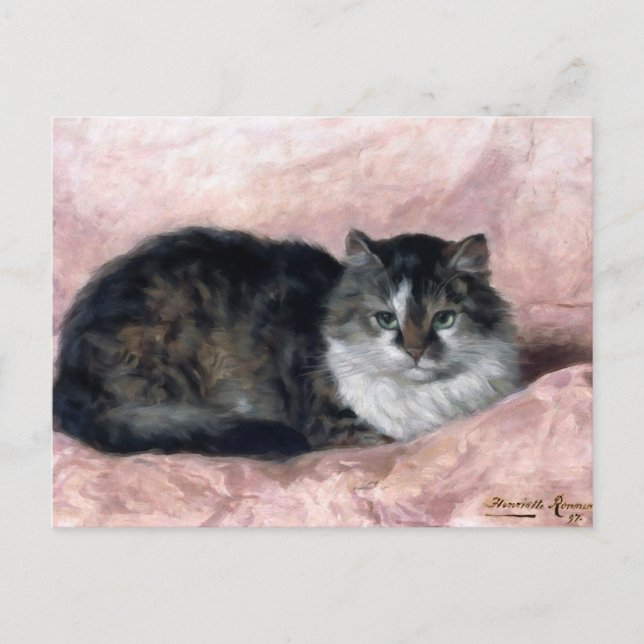 Carte Postale Chat en rose Coussin par Henriëtte Ronner-Knip (Devant)