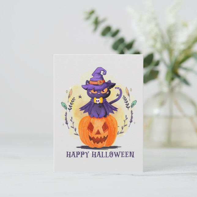Carte Postale Chat en sorcière violette sur Citrouille - Hallowe (Debout devant)