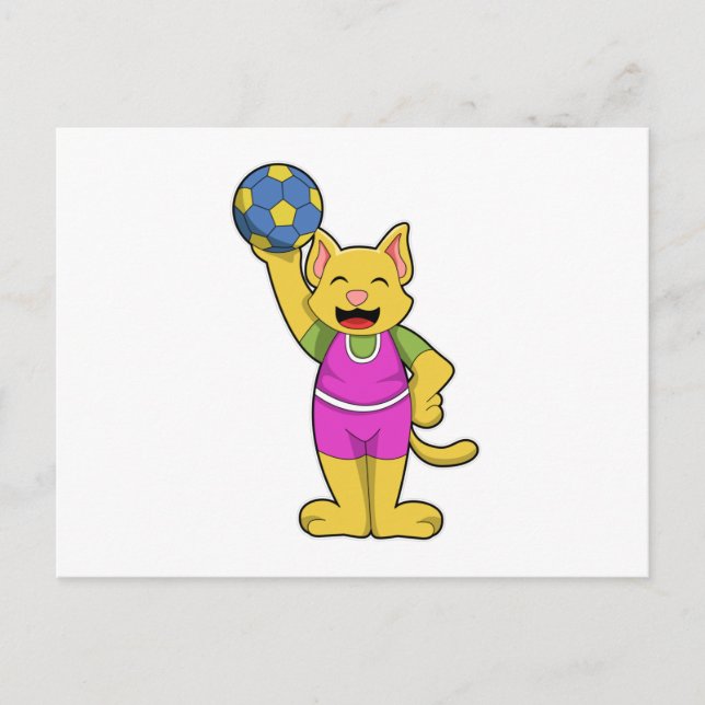 Carte Postale Chat en tant que joueur de handball avec ballon de (Devant)