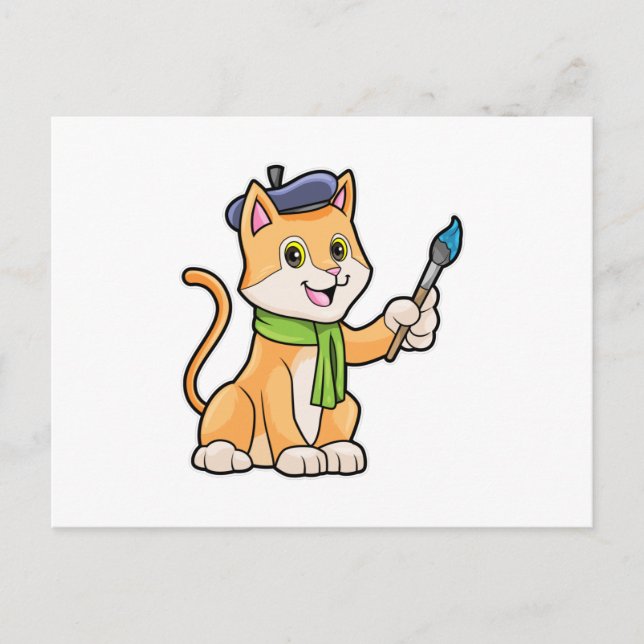 Carte Postale Chat en tant que peintre avec pinceau et foulard (Devant)