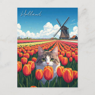 Carte Postale Chat en Tulip Fields Holland Pays-Bas