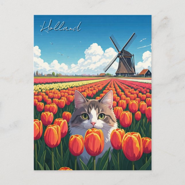 Carte Postale Chat en Tulip Fields Holland Pays-Bas (Devant)