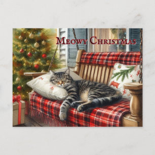 Carte Postale Chat endormi et sapin de Noël 