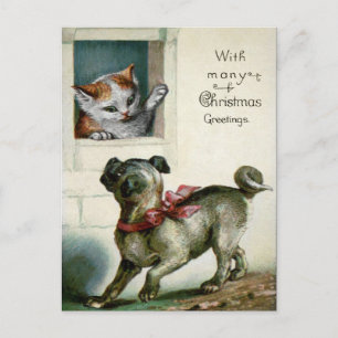 Carte Postale Chat et chien de Noël victorien