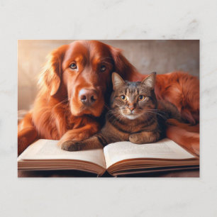 Carte Postale Chat et chien lisant un livre