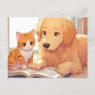 Carte Postale Chat et chien lisant un livre