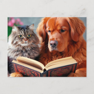 Carte Postale Chat et chien lisant un livre