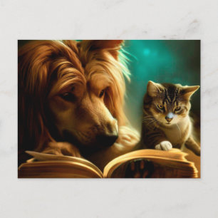 Carte Postale Chat et chien lisant un livre