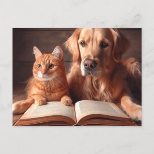 Carte Postale Chat et chien lisant un livre