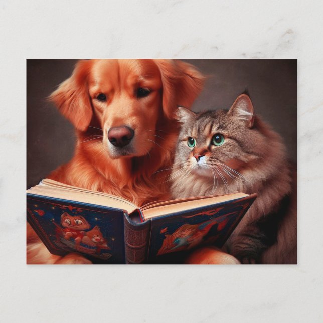 Carte Postale Chat et chien lisant un livre (Devant)