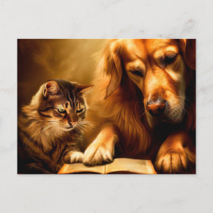 Carte Postale Chat et chien lisant un livre