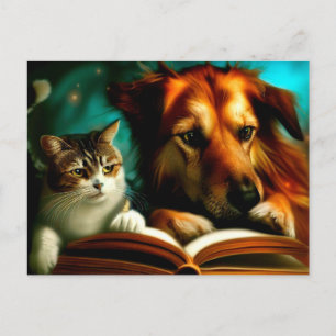 Carte Postale Chat et chien lisant un livre