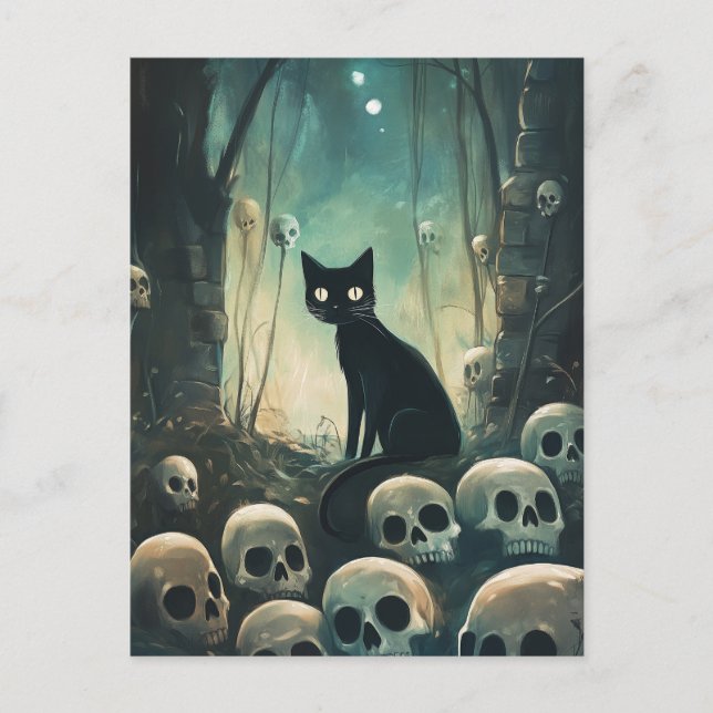 Carte Postale Chat et crâne d'Halloween (Devant)