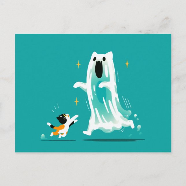 Carte Postale Chat et Fantôme amical - Joli Halloween (Devant)