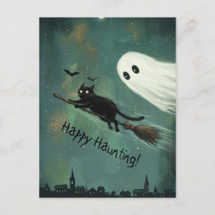 Carte Postale Chat et fantôme d'Halloween hantant