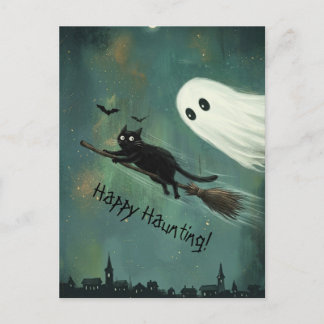 Carte Postale Chat et fantôme d'Halloween hantant