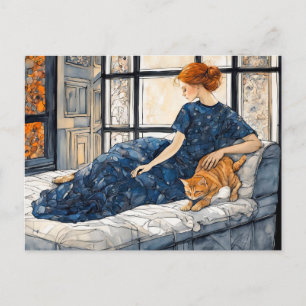 Carte Postale Chat et femme aquarelle par fenêtre