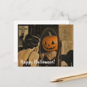 Carte Postale Chat et femme de Halloween vintage avec Jackolante