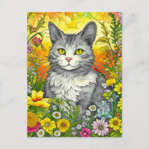Carte Postale Chat et Fleurs Whimsical