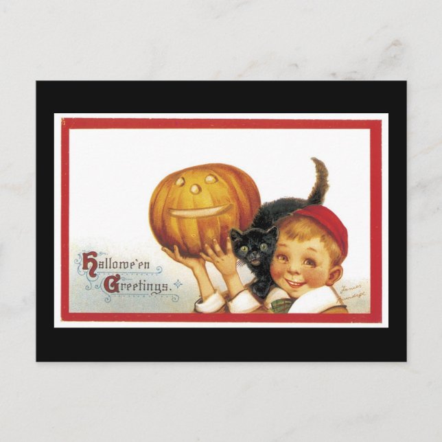 Carte Postale Chat et garçon noirs d'Halloween (Devant)