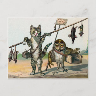 Carte Postale Chat et hibou victorien vintage