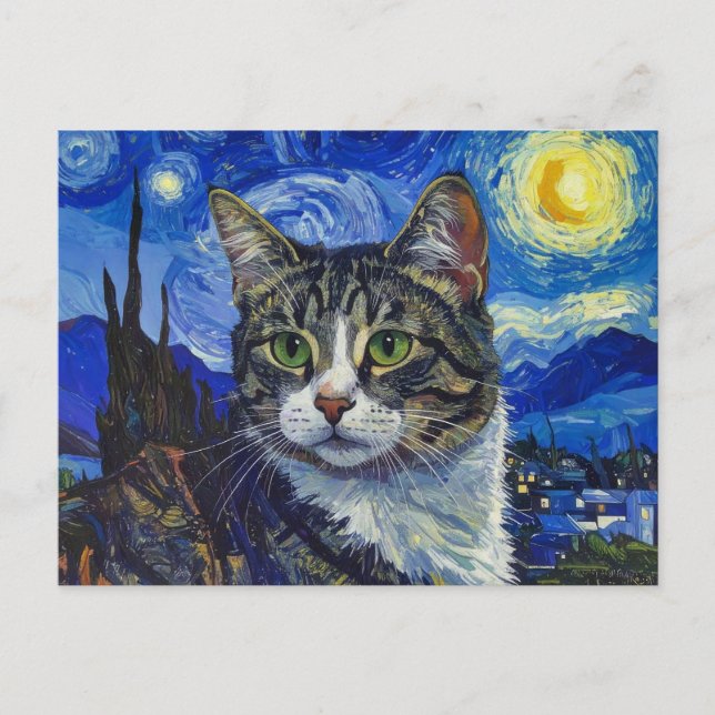 Carte Postale Chat et nuit étoilée (Devant)