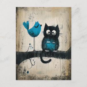 Carte Postale Chat et oiseau géant sur une branche