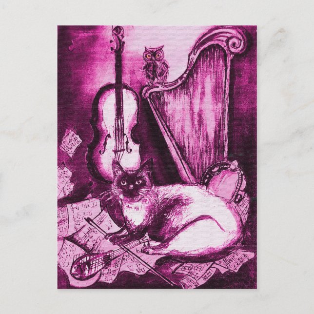 Carte Postale CHAT ET OWL MUSICAUX, Violet rose et blanc (Devant)