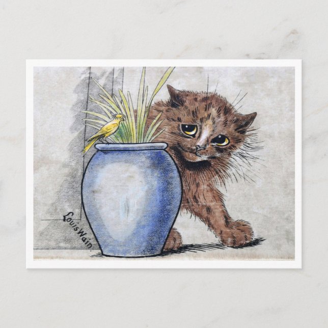 Carte Postale Chat et petit oiseau jaune, Louis Wain (Devant)